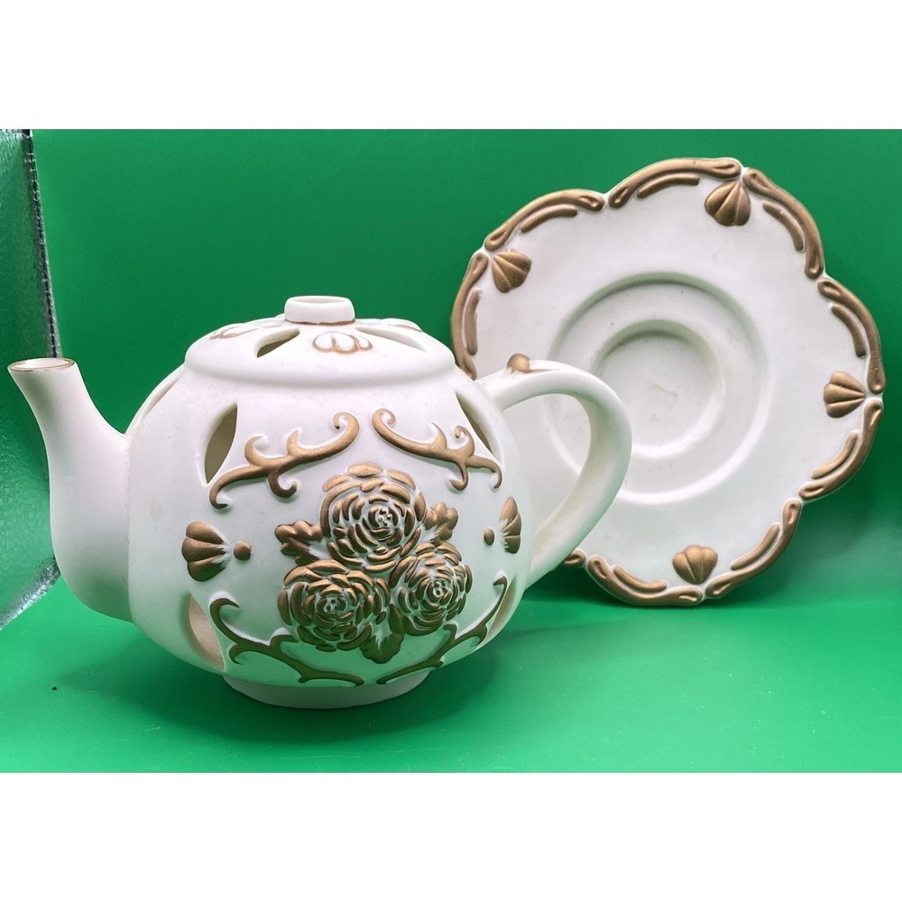 Partylite TEAPOT Tealight Candle Holder TEA TIME Luminary P7301 Porcelain Bisque - Picture 3 of 8